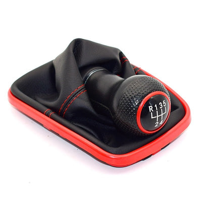 Pommeau de vitesse Golf 4 noir avec soufflet surpiqué rouge et entourage rouge