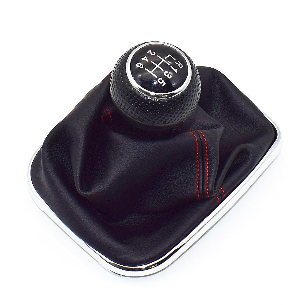 Pommeau de vitesse Golf 4 vu de face, soufflet noir surpiqué rouge et entourage chromé