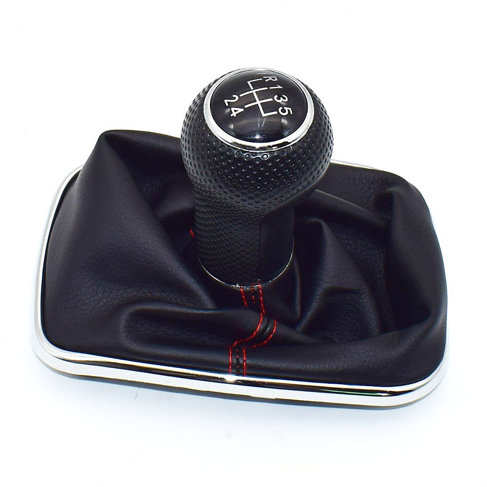 Pommeau de vitesse Golf 4 avec soufflet noir à surpiqûres rouges et entourage chromé