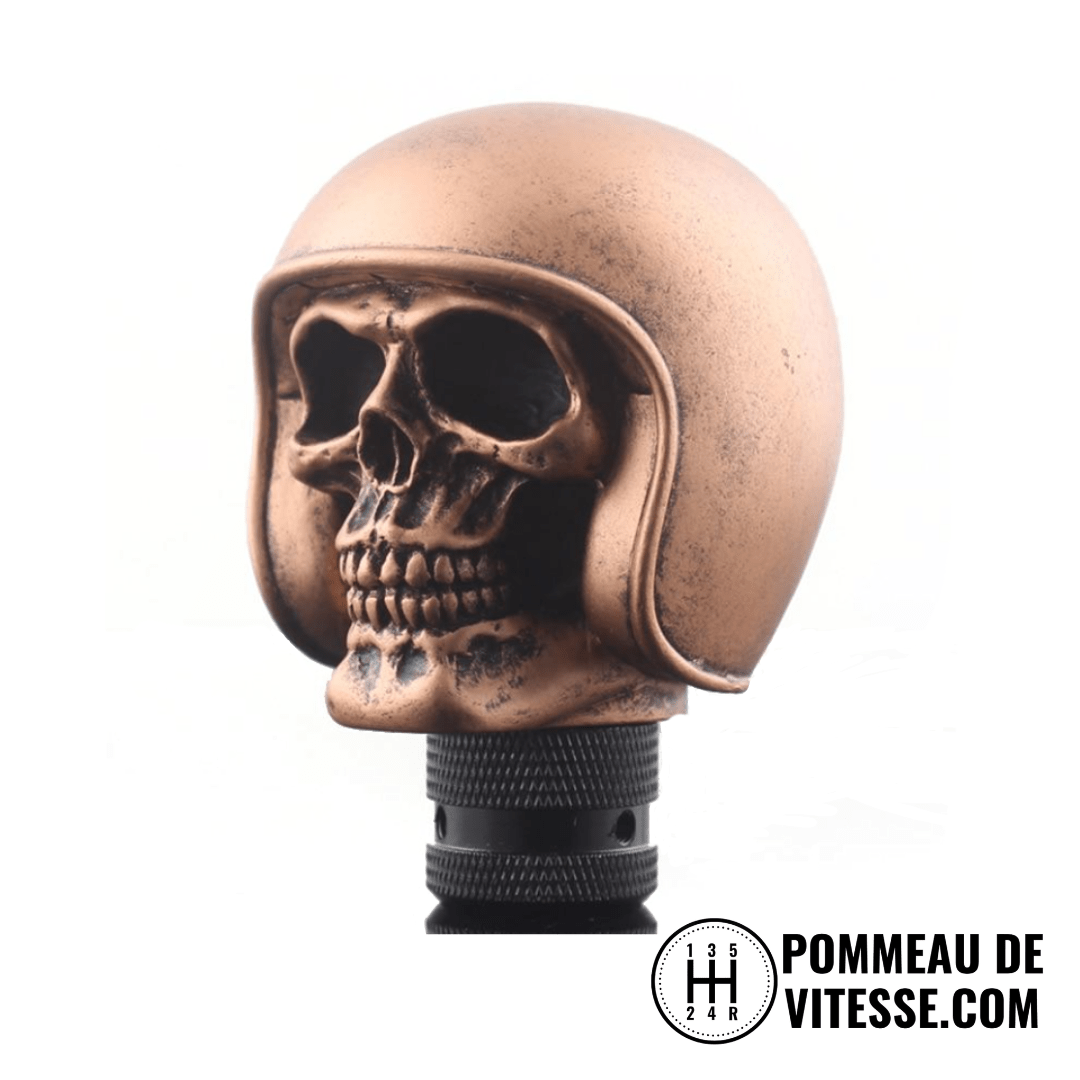 Pommeau de vitesse Skull V2 bronze, profil gauche montrant le relief du casque et de la mâchoire