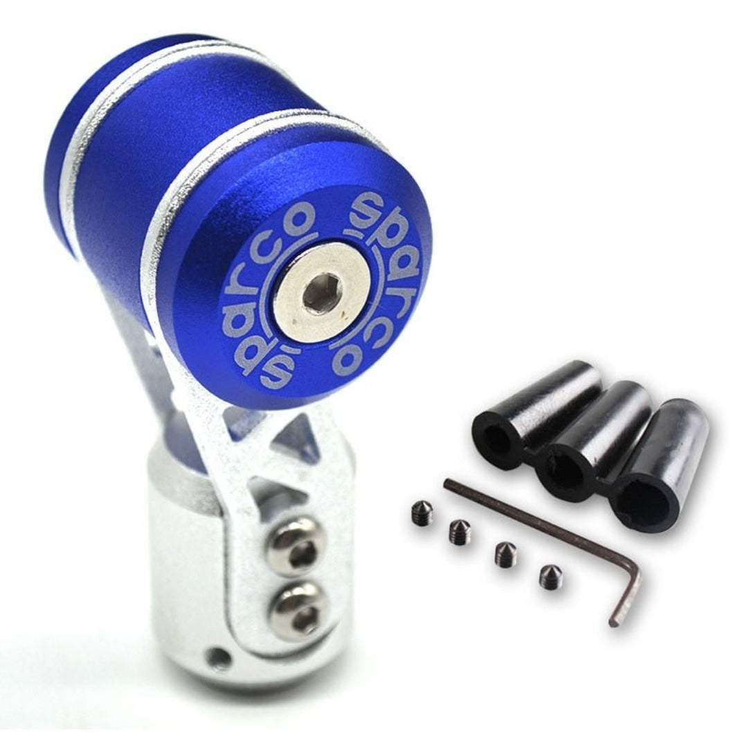 Pommeau de vitesse Sparco S2 accompagné d'adaptateurs de couleur bleu.
