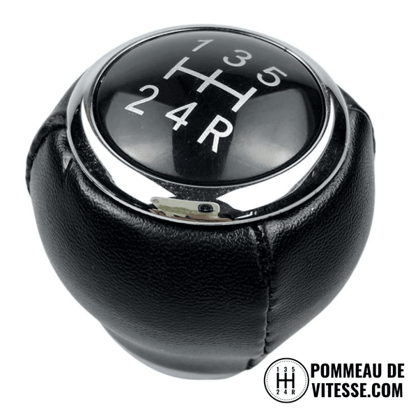 Pommeau de vitesse Subaru en cuir noir, pastille noire cerclée de chrome à grille 5 rapports