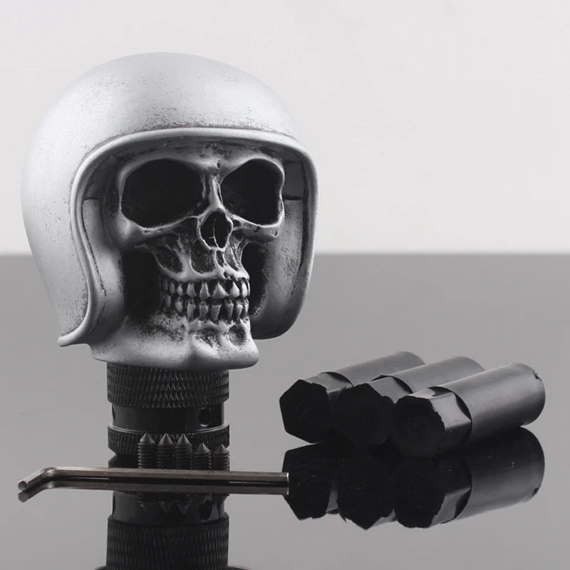 Pommeau de vitesse tête de mort MK5 casque argent uni, crâne patiné et jeu de trois adaptateurs noirs