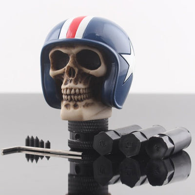 Pommeau de vitesse tête de mort MK5 casque bleu marine à bandes blanche et rouge, étoile blanche sur le côté