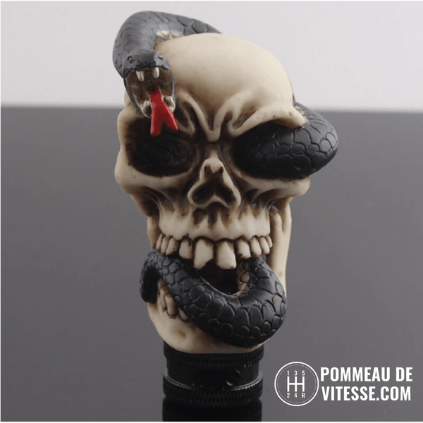 Pommeau de vitesse tête de mort V3 vu de face, serpent noir enroulé autour du crâne, gueule ouverte et langue rouge