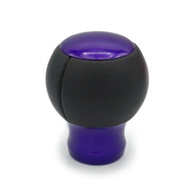Pommeau de vitesse violet gainé de cuir noir lisse, insert supérieur et embase violets