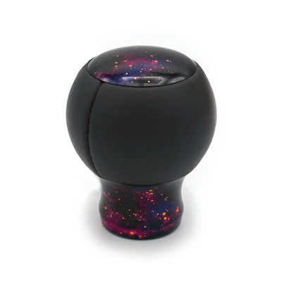 Pommeau de vitesse violet étoilé gainé de cuir noir, insert et pied aux reflets galaxie